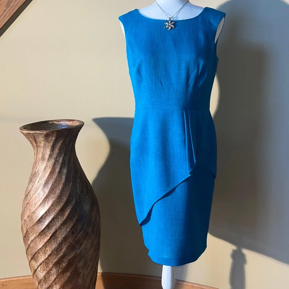 EVAN-PICONE NWOT SHEATH TEAL BLUE 100% POLYESTER, LINEN LOOK, CASUAL DRESS SZ 6 - Picture 8 of 15